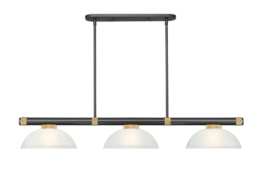 Z-Lite Vanguard 3050-3MB-RB-DWL14 59" 3-Light Matte Black and Rubbed Brass Steel and Aluminum Frame White Linen Glass Shade Billiard Light