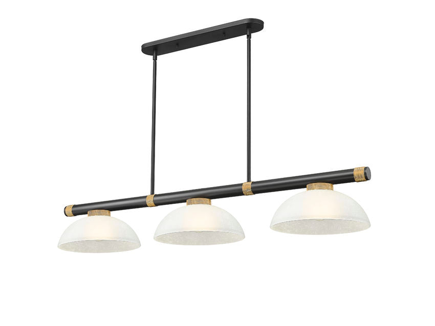 Z-Lite Vanguard 3050-3MB-RB-DWL14 59" 3-Light Matte Black and Rubbed Brass Steel and Aluminum Frame White Linen Glass Shade Billiard Light