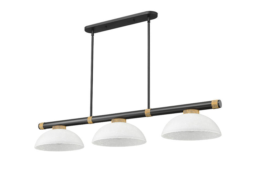 Z-Lite Vanguard 3050-3MB-RB-DWL14 59" 3-Light Matte Black and Rubbed Brass Steel and Aluminum Frame White Linen Glass Shade Billiard Light