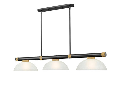 Z-Lite Vanguard 3050-3MB-RB-DWL14 59" 3-Light Matte Black and Rubbed Brass Steel and Aluminum Frame White Linen Glass Shade Billiard Light