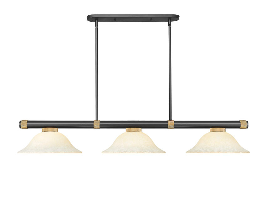 Z-Lite Vanguard 3050-3MB-RB-GM16 59" 3-Light Matte Black and Rubbed Brass Steel and Aluminum Frame Golden Mottle Glass Shade Billiard Light
