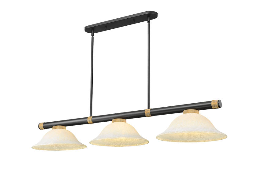 Z-Lite Vanguard 3050-3MB-RB-GM16 59" 3-Light Matte Black and Rubbed Brass Steel and Aluminum Frame Golden Mottle Glass Shade Billiard Light