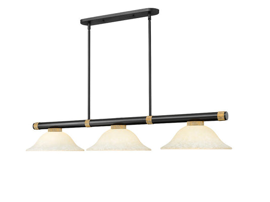 Z-Lite Vanguard 3050-3MB-RB-GM16 59" 3-Light Matte Black and Rubbed Brass Steel and Aluminum Frame Golden Mottle Glass Shade Billiard Light