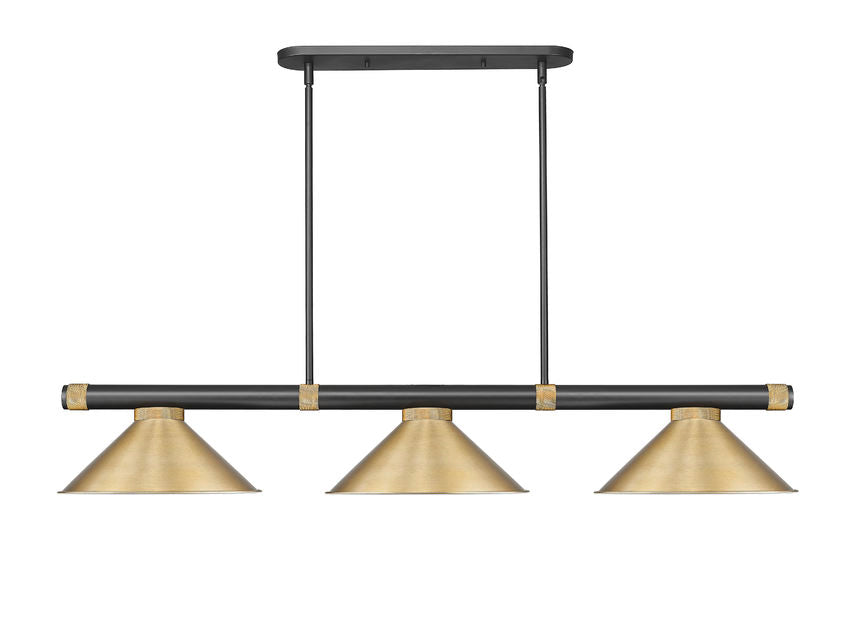Z-Lite Vanguard 3050-3MB-RB-HBR15 59" 3-Light Matte Black and Rubbed Brass Steel and Aluminum Frame Heritage Brass Steel Shade Billiard Light