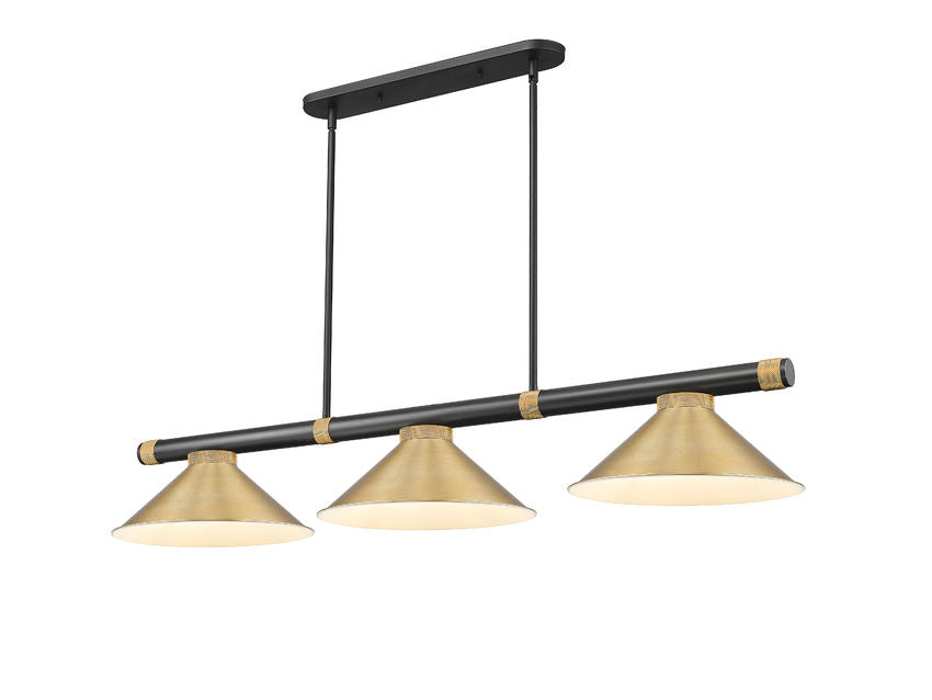 Z-Lite Vanguard 3050-3MB-RB-HBR15 59" 3-Light Matte Black and Rubbed Brass Steel and Aluminum Frame Heritage Brass Steel Shade Billiard Light