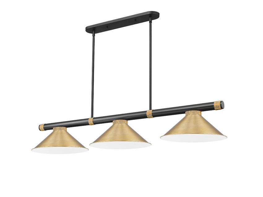 Z-Lite Vanguard 3050-3MB-RB-HBR15 59" 3-Light Matte Black and Rubbed Brass Steel and Aluminum Frame Heritage Brass Steel Shade Billiard Light