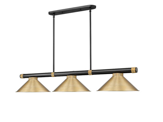 Z-Lite Vanguard 3050-3MB-RB-HBR15 59" 3-Light Matte Black and Rubbed Brass Steel and Aluminum Frame Heritage Brass Steel Shade Billiard Light