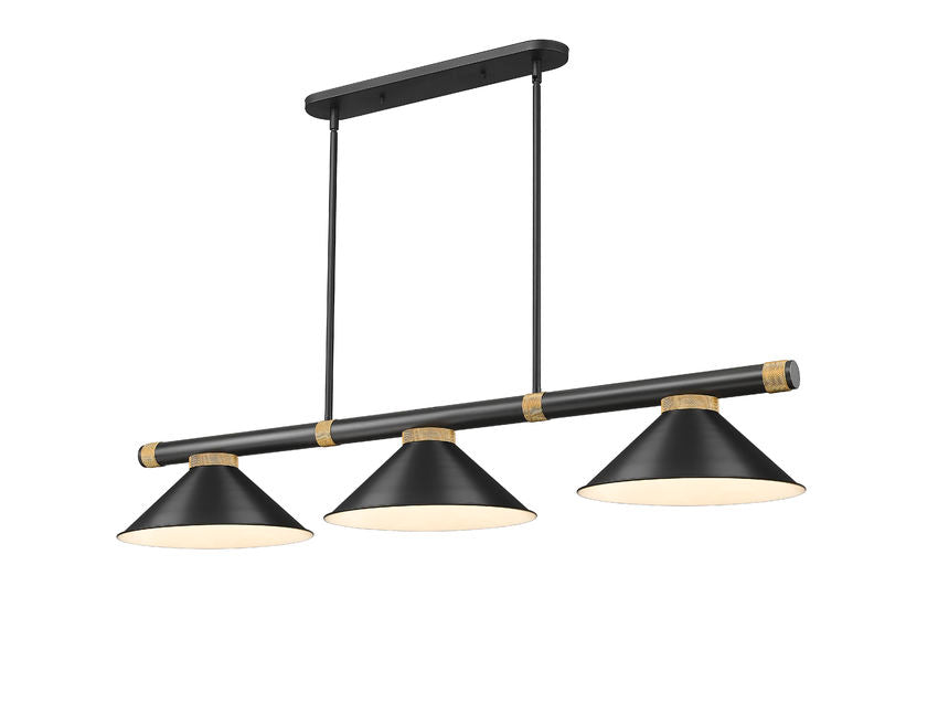 Z-Lite Vanguard 3050-3MB-RB-MB15 59" 3-Light Matte Black and Rubbed Brass Steel and Aluminum Frame Matte Black Steel Shade Billiard Light