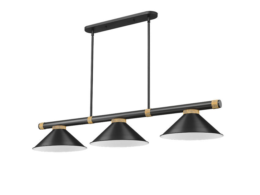 Z-Lite Vanguard 3050-3MB-RB-MB15 59" 3-Light Matte Black and Rubbed Brass Steel and Aluminum Frame Matte Black Steel Shade Billiard Light