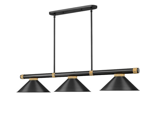 Z-Lite Vanguard 3050-3MB-RB-MB15 59" 3-Light Matte Black and Rubbed Brass Steel and Aluminum Frame Matte Black Steel Shade Billiard Light