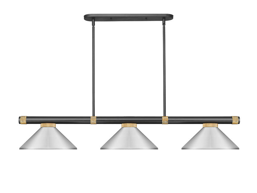 Z-Lite Vanguard 3050-3MB-RB-MBN 59" 3-Light Matte Black and Rubbed Brass Steel and Aluminum Frame Brushed Nickel Steel Shade Billiard Light