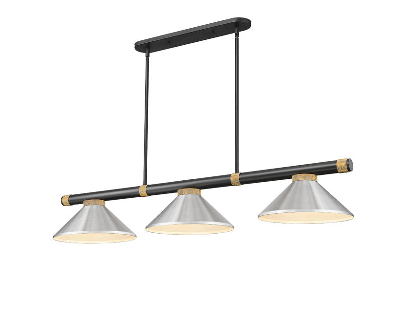 Z-Lite Vanguard 3050-3MB-RB-MBN 59" 3-Light Matte Black and Rubbed Brass Steel and Aluminum Frame Brushed Nickel Steel Shade Billiard Light
