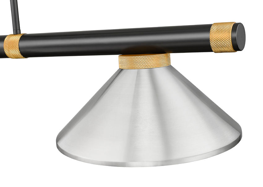 Z-Lite Vanguard 3050-3MB-RB-MBN 59" 3-Light Matte Black and Rubbed Brass Steel and Aluminum Frame Brushed Nickel Steel Shade Billiard Light