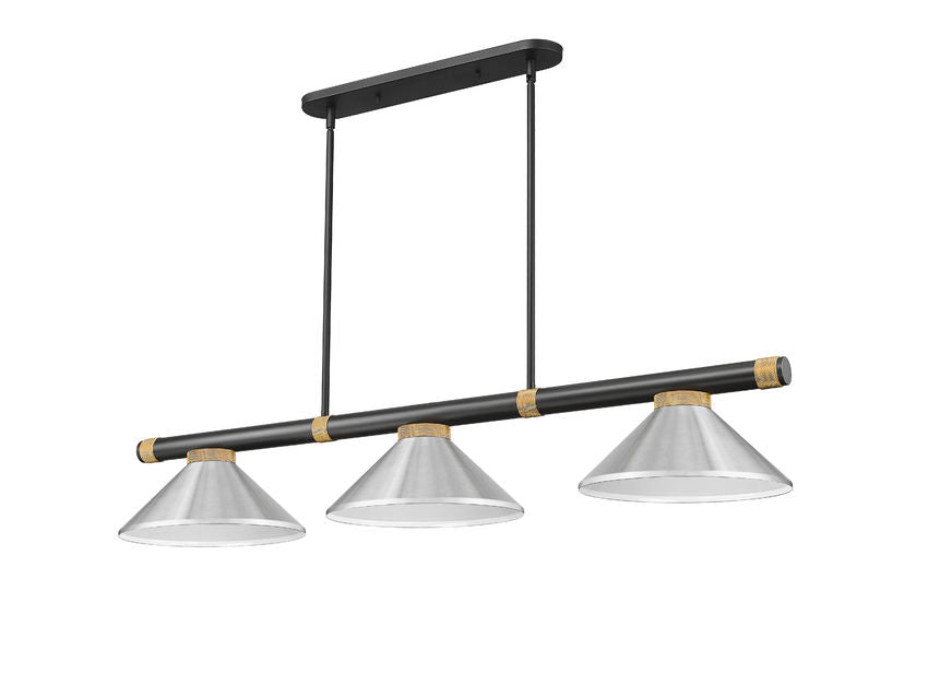 Z-Lite Vanguard 3050-3MB-RB-MBN 59" 3-Light Matte Black and Rubbed Brass Steel and Aluminum Frame Brushed Nickel Steel Shade Billiard Light