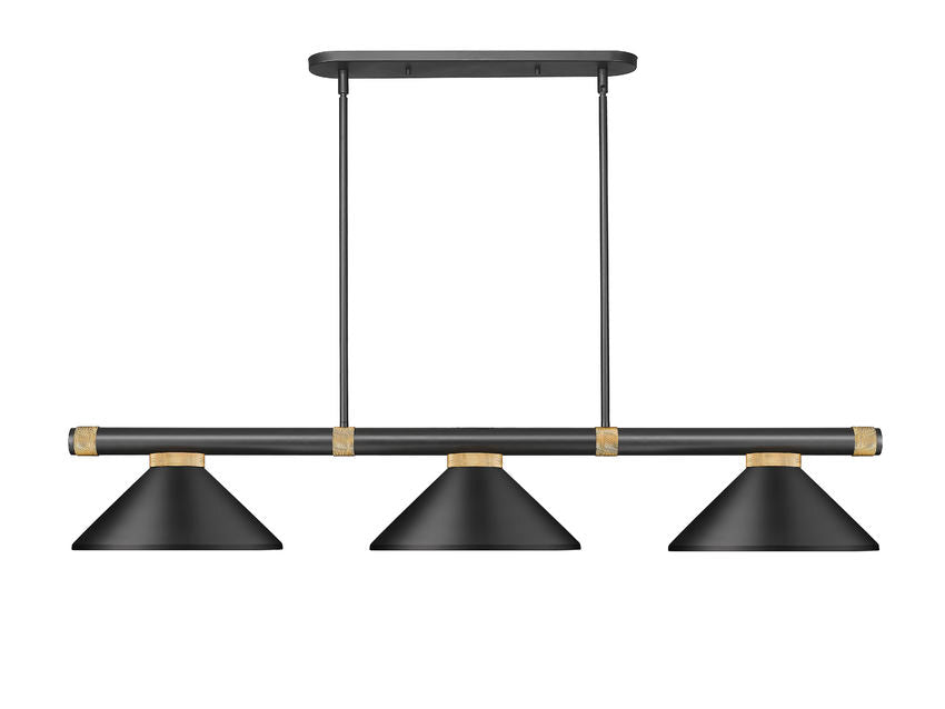Z-Lite Vanguard 3050-3MB-RB-MMB 59" 3-Light Matte Black and Rubbed Brass Steel and Aluminum Frame Matte Black Steel Shade Billiard Light