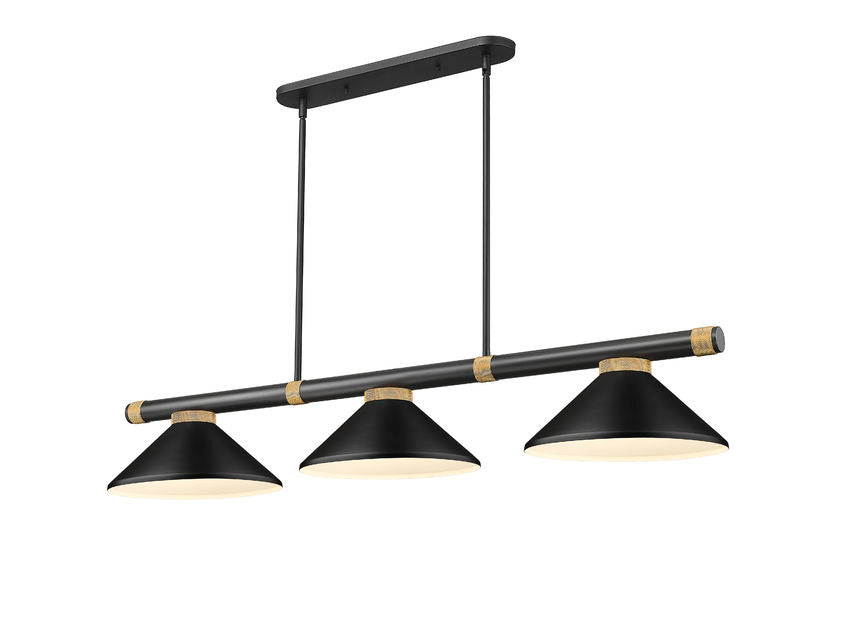Z-Lite Vanguard 3050-3MB-RB-MMB 59" 3-Light Matte Black and Rubbed Brass Steel and Aluminum Frame Matte Black Steel Shade Billiard Light