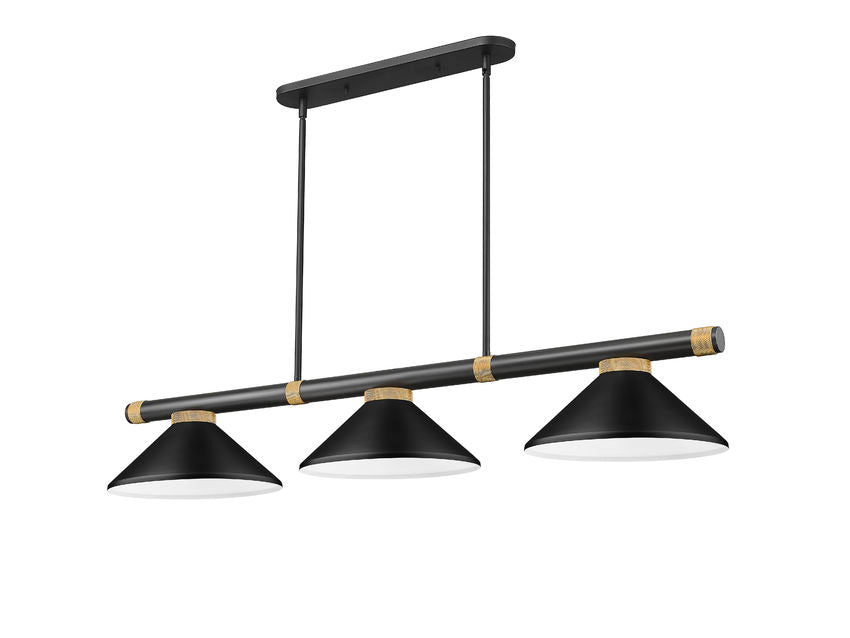 Z-Lite Vanguard 3050-3MB-RB-MMB 59" 3-Light Matte Black and Rubbed Brass Steel and Aluminum Frame Matte Black Steel Shade Billiard Light