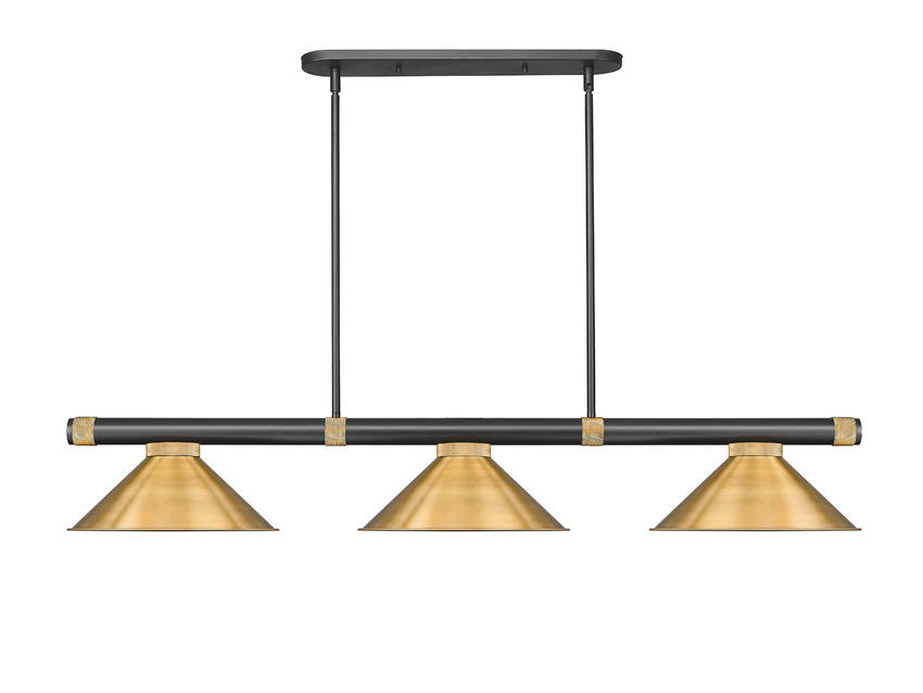 Z-Lite Vanguard 3050-3MB-RB-RB15 59" 3-Light Matte Black and Rubbed Brass Steel and Aluminum Frame Rubbed Brass Steel Shade Billiard Light