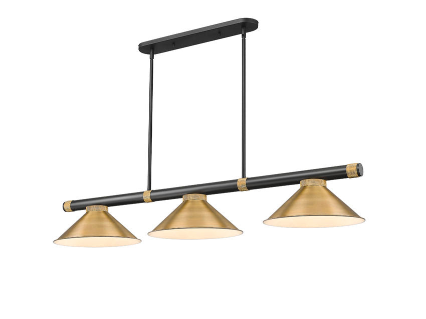 Z-Lite Vanguard 3050-3MB-RB-RB15 59" 3-Light Matte Black and Rubbed Brass Steel and Aluminum Frame Rubbed Brass Steel Shade Billiard Light