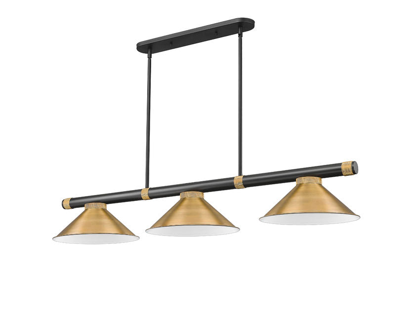 Z-Lite Vanguard 3050-3MB-RB-RB15 59" 3-Light Matte Black and Rubbed Brass Steel and Aluminum Frame Rubbed Brass Steel Shade Billiard Light