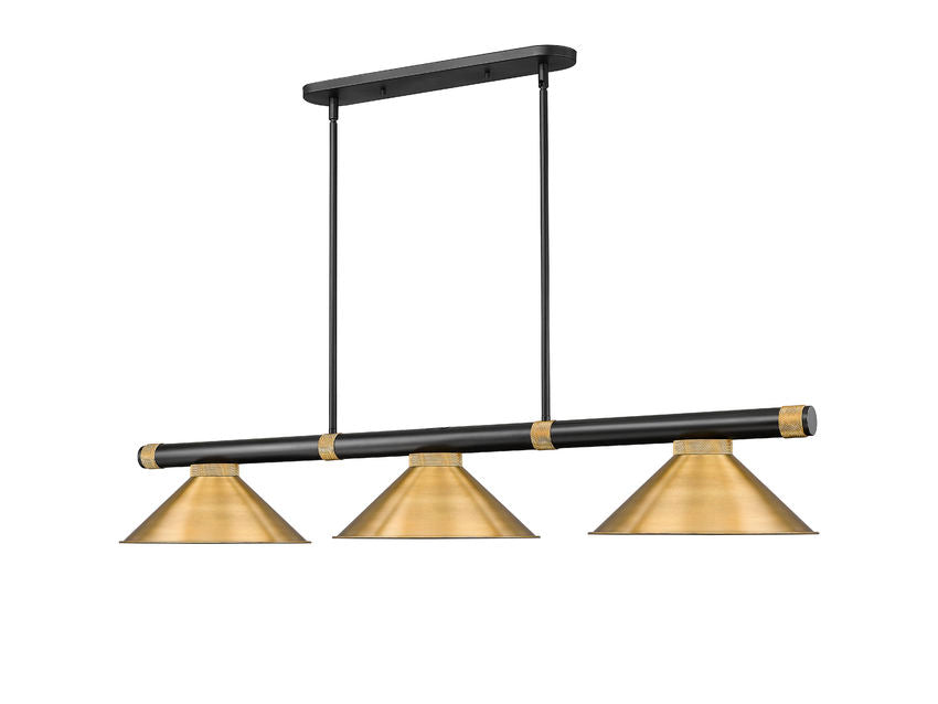 Z-Lite Vanguard 3050-3MB-RB-RB15 59" 3-Light Matte Black and Rubbed Brass Steel and Aluminum Frame Rubbed Brass Steel Shade Billiard Light