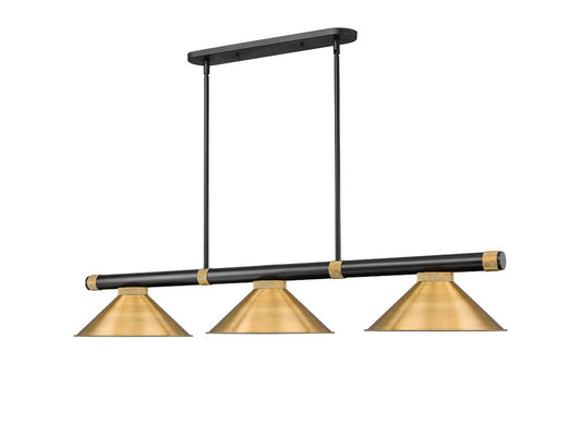 Z-Lite Vanguard 3050-3MB-RB-RB15 59" 3-Light Matte Black and Rubbed Brass Steel and Aluminum Frame Rubbed Brass Steel Shade Billiard Light
