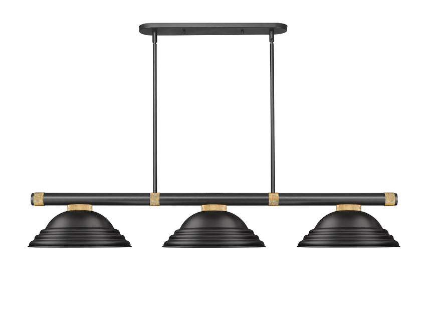Z-Lite Vanguard 3050-3MB-RB-SMB 59" 3-Light Matte Black and Rubbed Brass Steel and Aluminum Frame Matte Black Steel Shade Billiard Light
