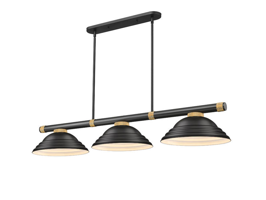 Z-Lite Vanguard 3050-3MB-RB-SMB 59" 3-Light Matte Black and Rubbed Brass Steel and Aluminum Frame Matte Black Steel Shade Billiard Light