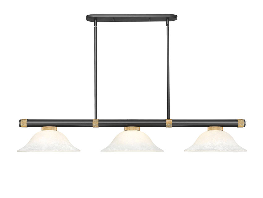 Z-Lite Vanguard 3050-3MB-RB-WM16 59" 3-Light Matte Black and Rubbed Brass Steel and Aluminum Frame White Mottle Glass Shade Billiard Light