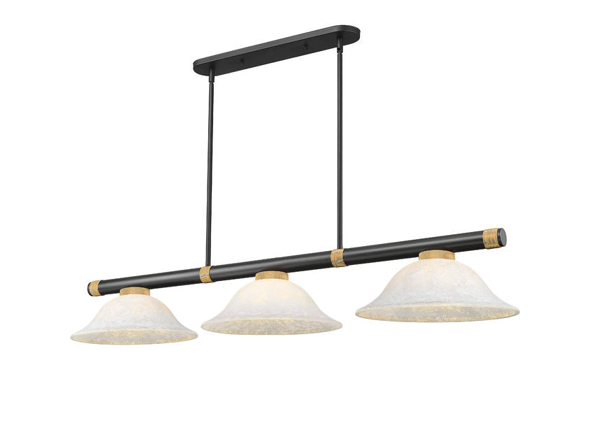 Z-Lite Vanguard 3050-3MB-RB-WM16 59" 3-Light Matte Black and Rubbed Brass Steel and Aluminum Frame White Mottle Glass Shade Billiard Light