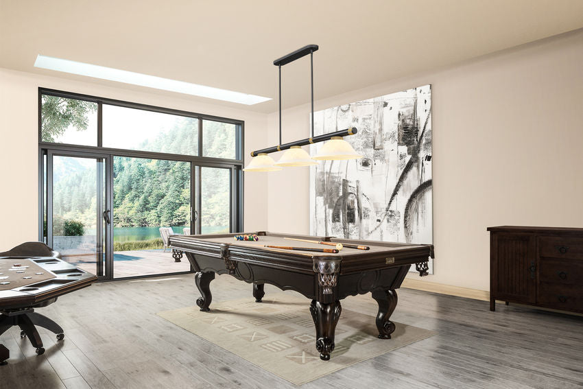 Z-Lite Vanguard 3050-3MB-RB-WM16 59" 3-Light Matte Black and Rubbed Brass Steel and Aluminum Frame White Mottle Glass Shade Billiard Light