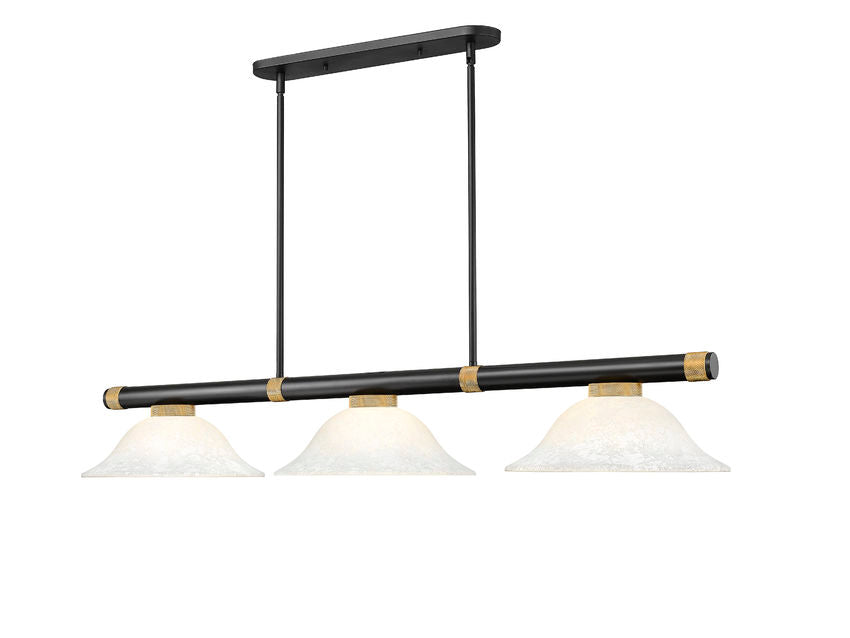 Z-Lite Vanguard 3050-3MB-RB-WM16 59" 3-Light Matte Black and Rubbed Brass Steel and Aluminum Frame White Mottle Glass Shade Billiard Light