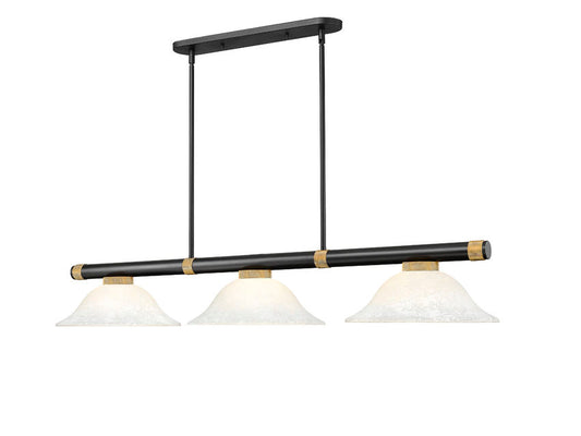 Z-Lite Vanguard 3050-3MB-RB-WM16 59" 3-Light Matte Black and Rubbed Brass Steel and Aluminum Frame White Mottle Glass Shade Billiard Light
