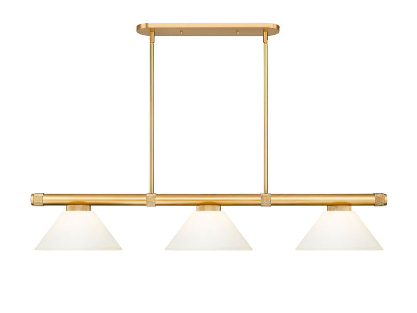 Z-Lite Vanguard 3050-3RB-AGM14 59" 3-Light Rubbed Brass Steel and Aluminum Frame Matte Opal Glass Shade Billiard Light