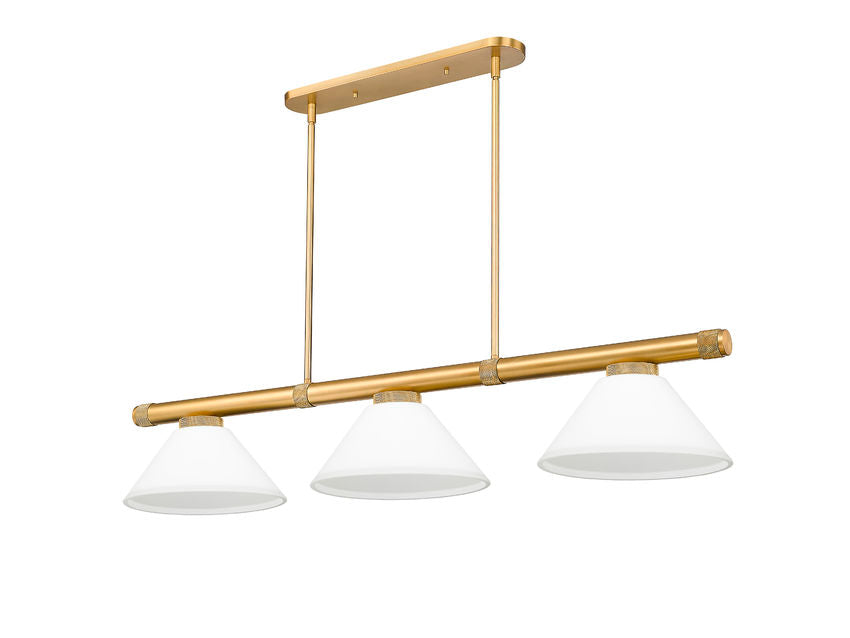Z-Lite Vanguard 3050-3RB-AGM14 59" 3-Light Rubbed Brass Steel and Aluminum Frame Matte Opal Glass Shade Billiard Light