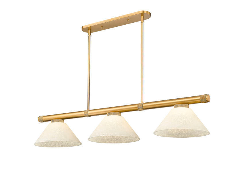 Z-Lite Vanguard 3050-3RB-AGM14 59" 3-Light Rubbed Brass Steel and Aluminum Frame White Mottle Glass Shade Billiard Light