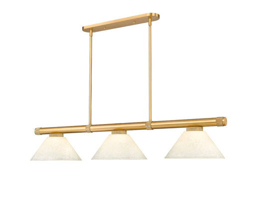 Z-Lite Vanguard 3050-3RB-AGM14 59" 3-Light Rubbed Brass Steel and Aluminum Frame White Mottle Glass Shade Billiard Light