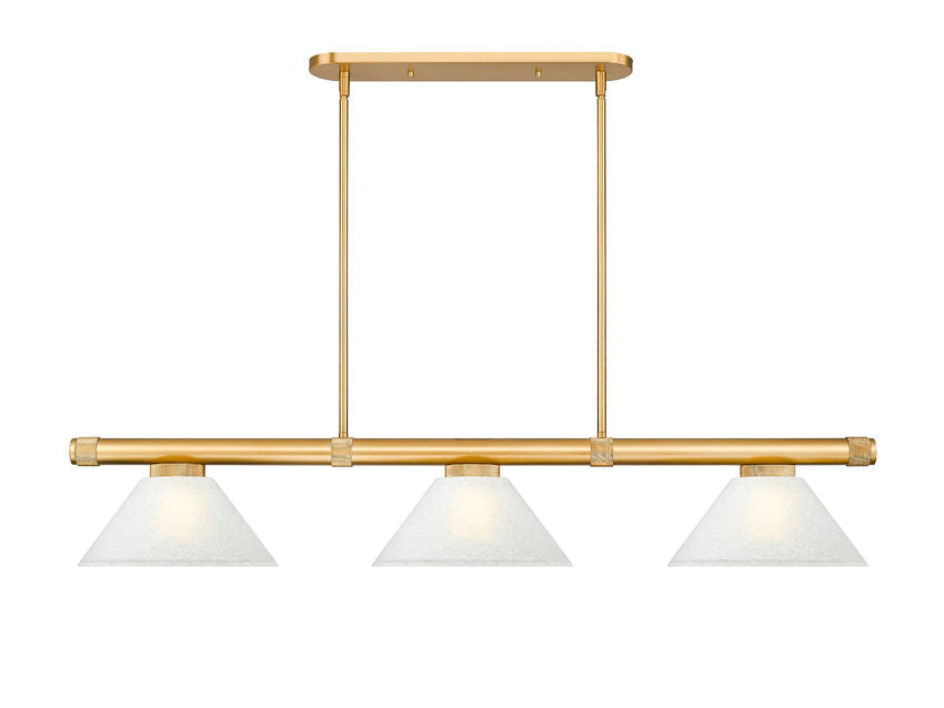 Z-Lite Vanguard 3050-3RB-AWL14 59" 3-Light Rubbed Brass Steel and Aluminum Frame White Linen Glass Shade Billiard Light