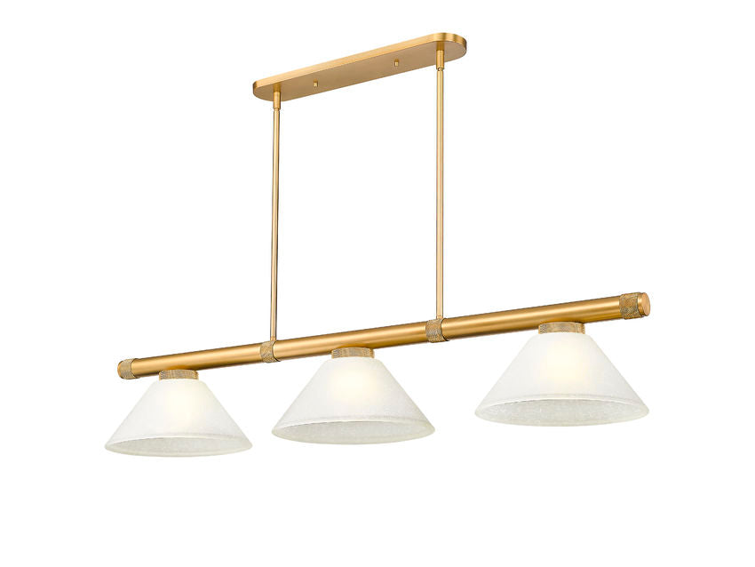 Z-Lite Vanguard 3050-3RB-AWL14 59" 3-Light Rubbed Brass Steel and Aluminum Frame White Linen Glass Shade Billiard Light