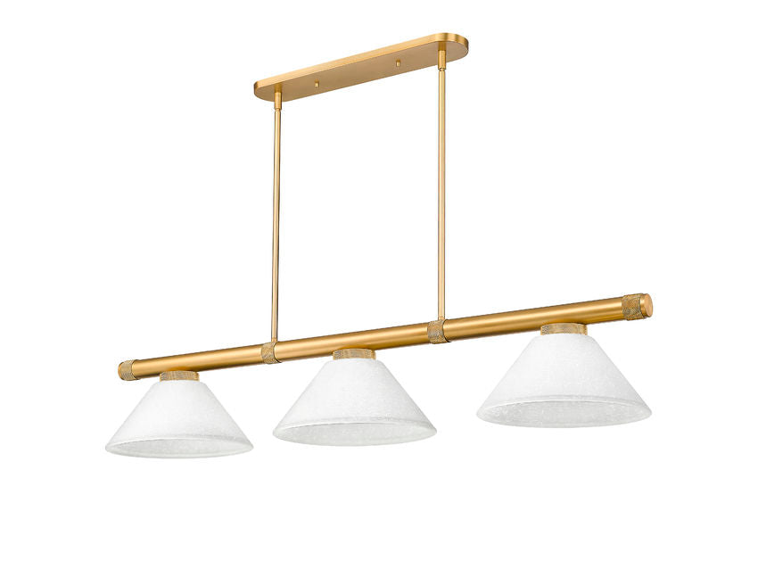 Z-Lite Vanguard 3050-3RB-AWL14 59" 3-Light Rubbed Brass Steel and Aluminum Frame White Linen Glass Shade Billiard Light
