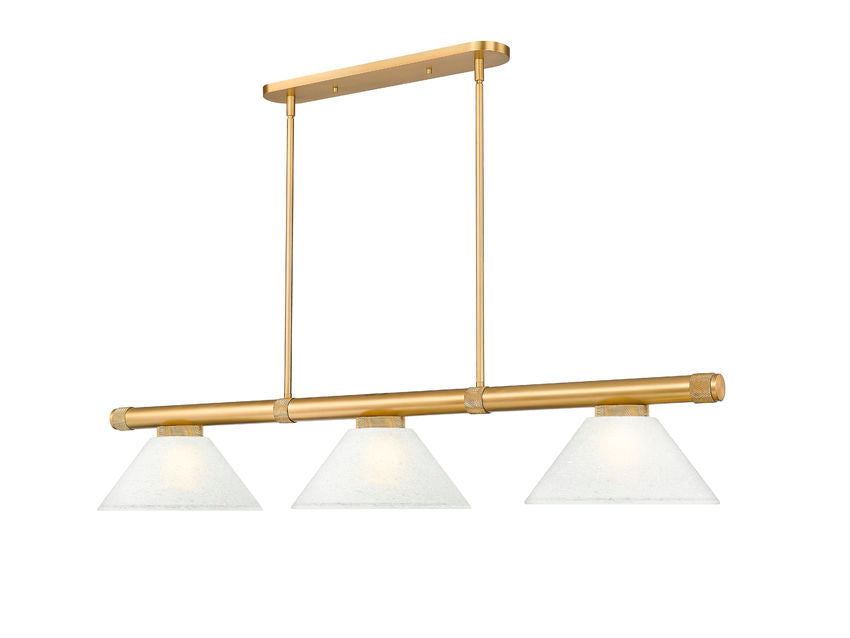 Z-Lite Vanguard 3050-3RB-AWL14 59" 3-Light Rubbed Brass Steel and Aluminum Frame White Linen Glass Shade Billiard Light