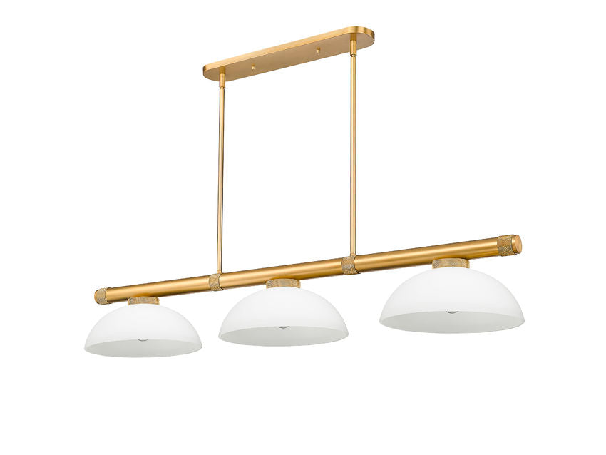 Z-Lite Vanguard 3050-3RB-DMO14 59" 3-Light Rubbed Brass Steel and Aluminum Frame Matte Opal Glass Shade Billiard Light