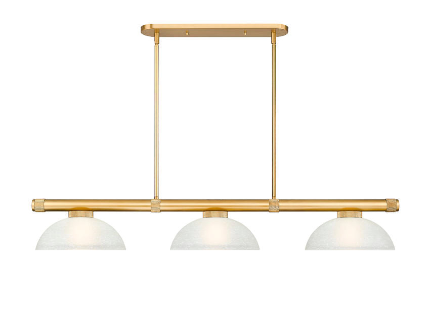 Z-Lite Vanguard 3050-3RB-DWL14 59" 3-Light Rubbed Brass Steel and Aluminum Frame White Linen Glass Shade Billiard Light