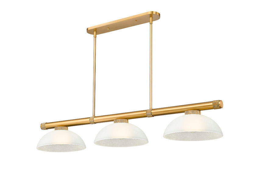 Z-Lite Vanguard 3050-3RB-DWL14 59" 3-Light Rubbed Brass Steel and Aluminum Frame White Linen Glass Shade Billiard Light