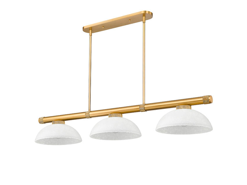 Z-Lite Vanguard 3050-3RB-DWL14 59" 3-Light Rubbed Brass Steel and Aluminum Frame White Linen Glass Shade Billiard Light