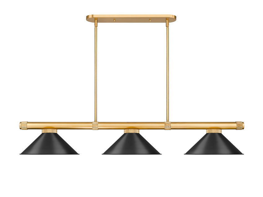 Z-Lite Vanguard 3050-3RB-MB15 59" 3-Light Rubbed Brass Steel and Aluminum Frame Matte Black Steel Shade Billiard Light
