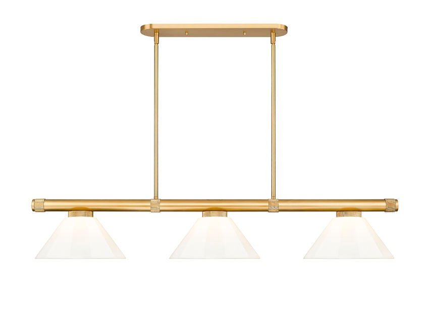 Z-Lite Vanguard 3050-3RB-PWH 59" 3-Light Rubbed Brass Steel and Aluminum Frame White Plastic Shade Billiard Light