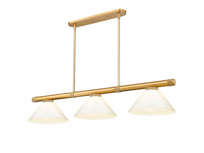 Z-Lite Vanguard 3050-3RB-PWH 59" 3-Light Rubbed Brass Steel and Aluminum Frame White Plastic Shade Billiard Light