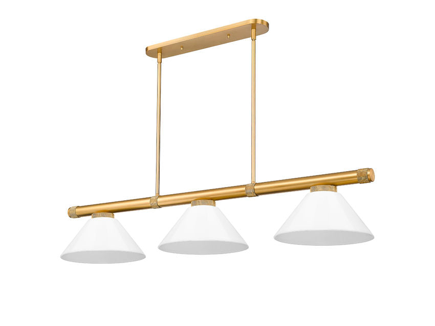 Z-Lite Vanguard 3050-3RB-PWH 59" 3-Light Rubbed Brass Steel and Aluminum Frame White Plastic Shade Billiard Light