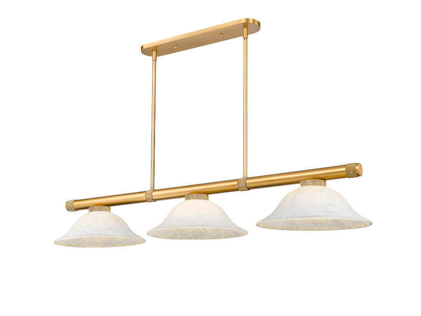 Z-Lite Vanguard 3050-3RB-WM16 59" 3-Light Rubbed Brass Steel and Aluminum White Mottle Glass Billiard Light